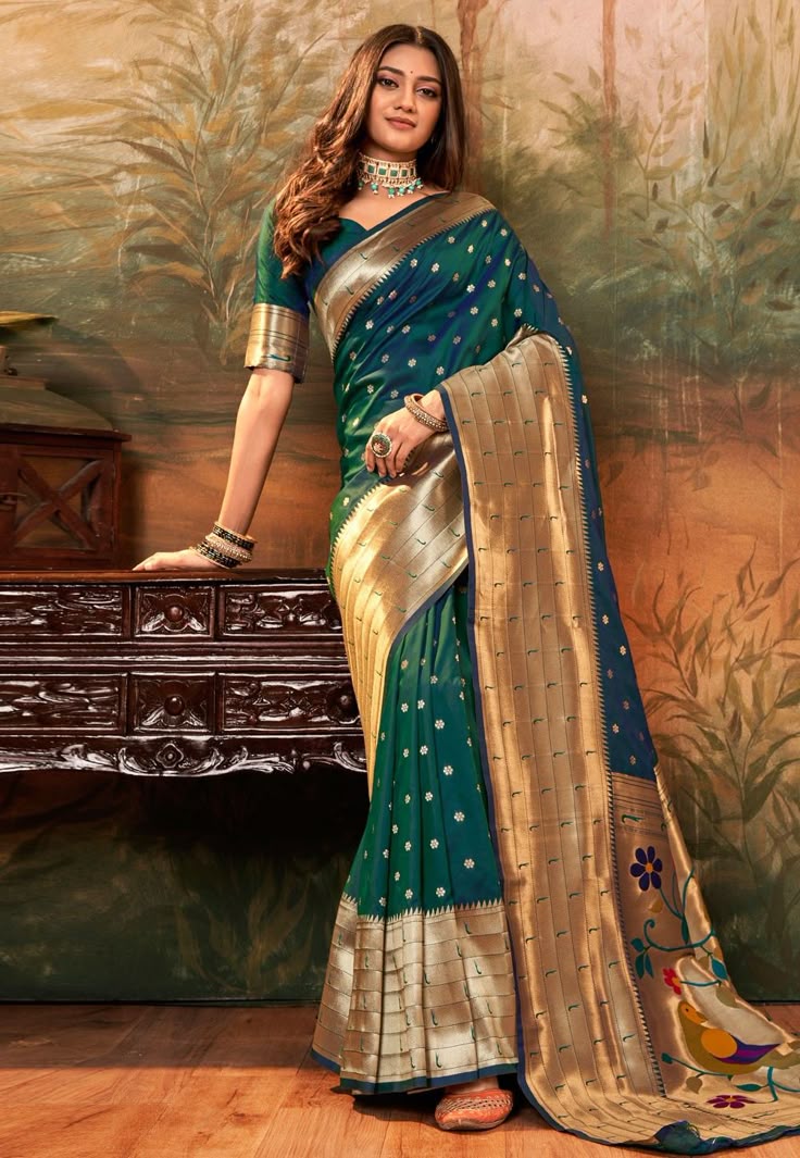 Turquoise Designer Zari Saree
