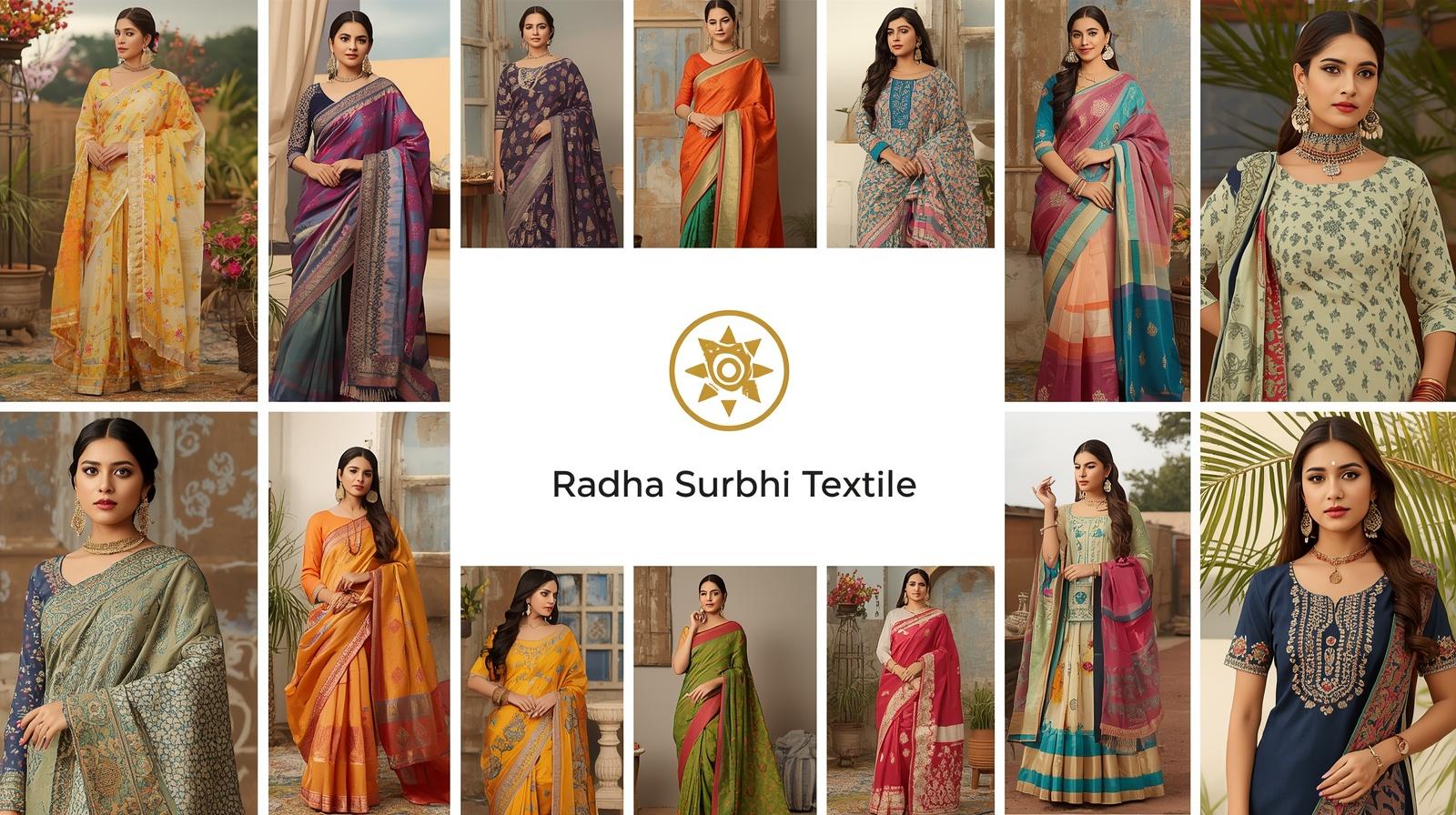 give me banner img for sarees ans shuit for girls and women and add some tag like radhasurbhi textile (1)