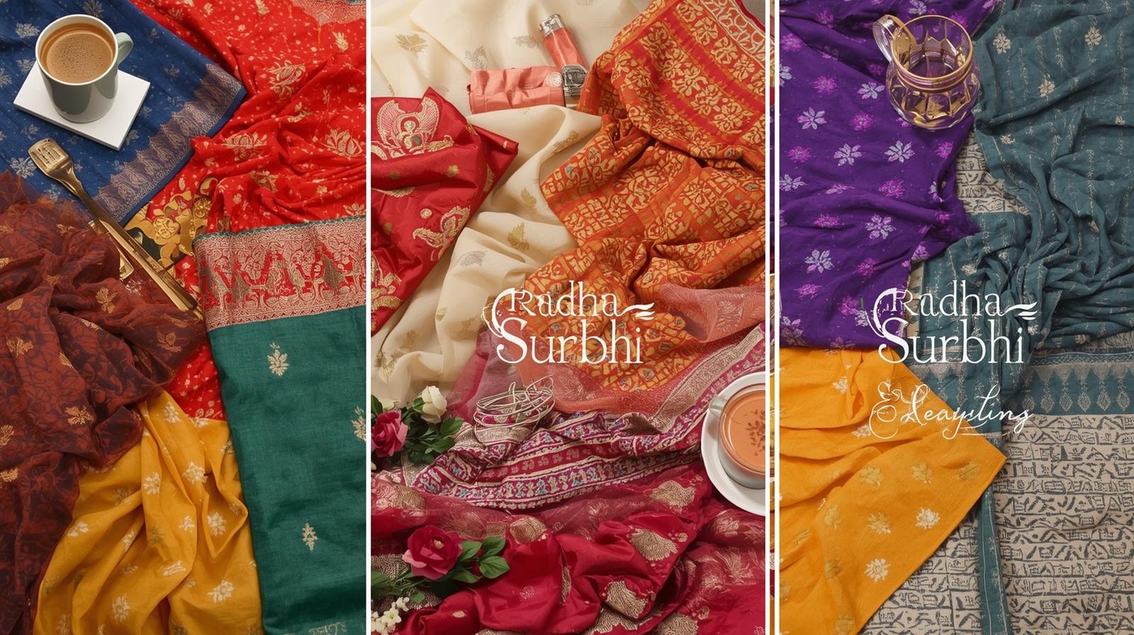give me banner img for sarees ans shuit for girls and women and add some tag like radhasurbhi textile